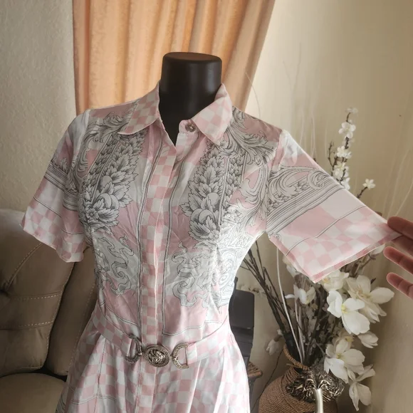 Versace Pink Shirt Dress Signature Baroque Print with belt Silk size S